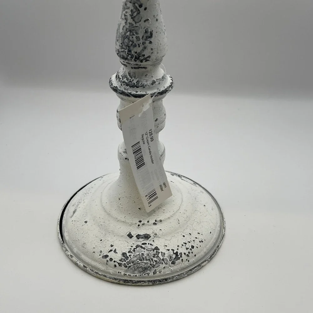 12in Cream Distressed Metal Pillar Candle Holder Shabby Chic Farmhouse Pedestal
